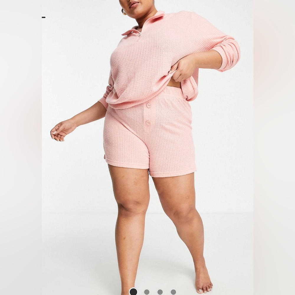 brave Soul waffle short lounge set with funnel neck in dusty pink